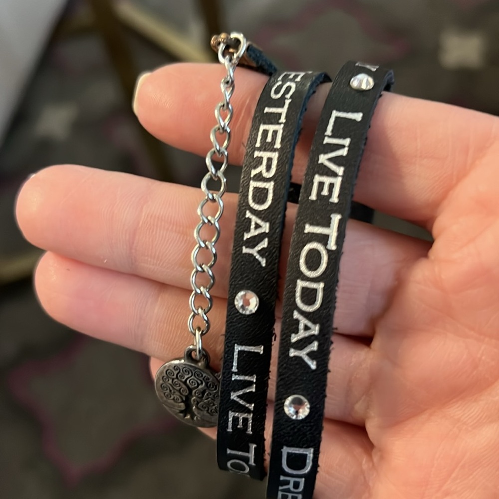Cherish Yesterday. Live Today. Dream Tomorrow. Black Bracelet With White Letters